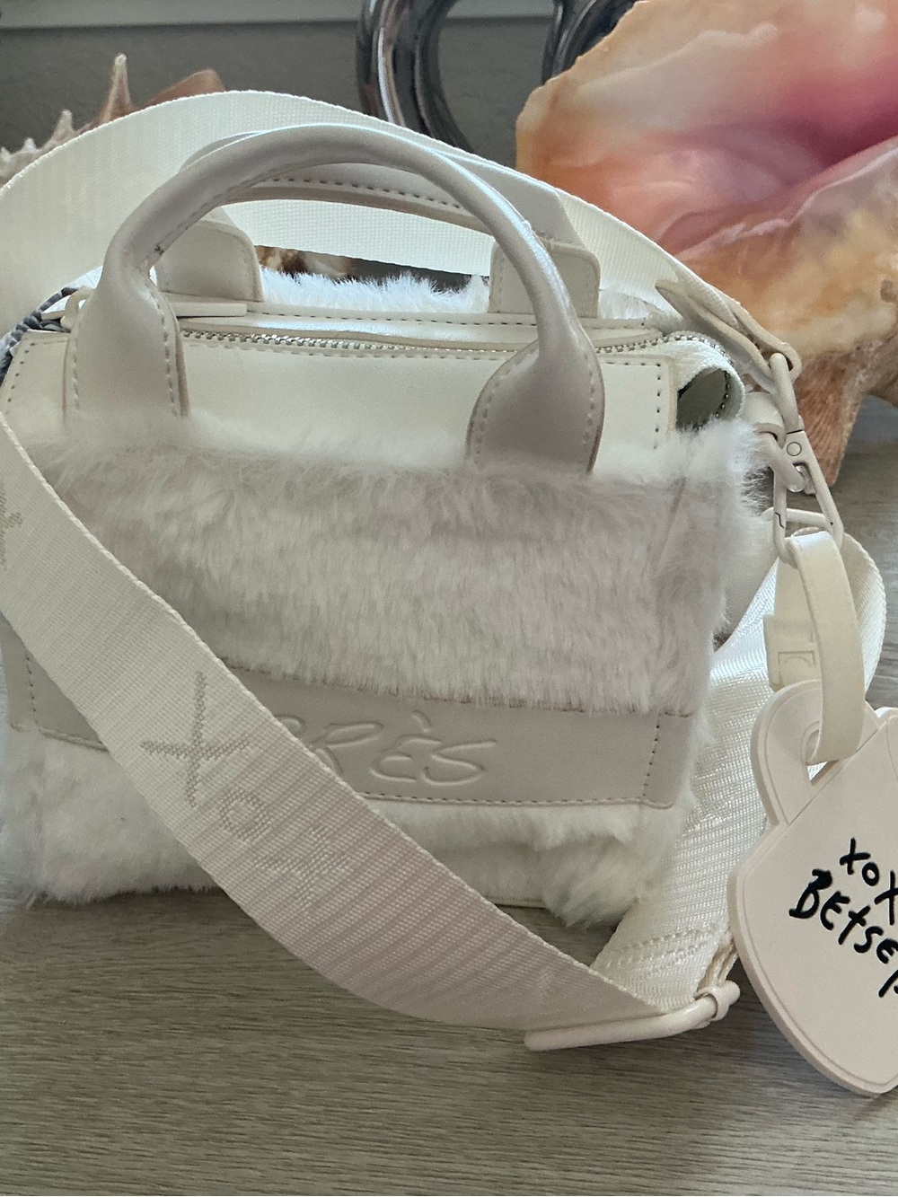 Betsey Johnson White Faux Fur Mini Handbag with Crossbody Strap and Charm